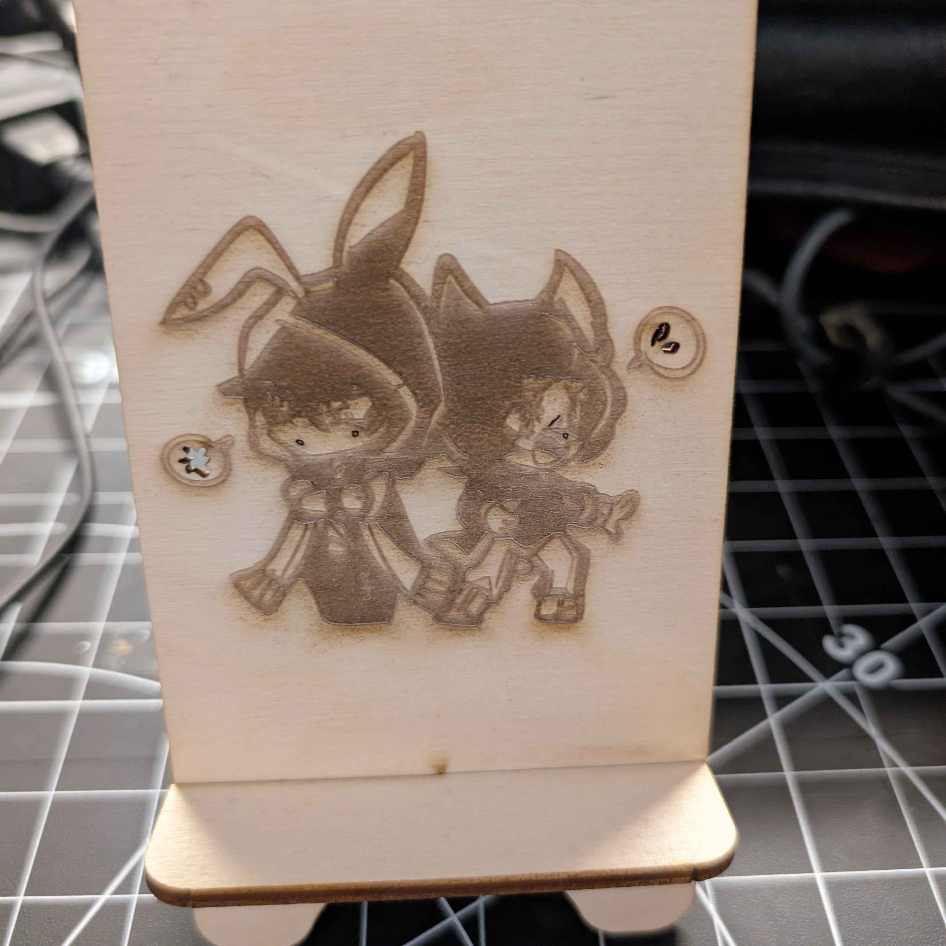 For my design, I used an artwork that I had commissioned an artist friend of mine to do early into the school year. When I remembered that it was easier to prep illustrations that were already monotone, I instantly thought of this artwork. I mainly picked something more complex to put the laser cutter to the test. Safe to say that in conclusion, I was not dissapointed.