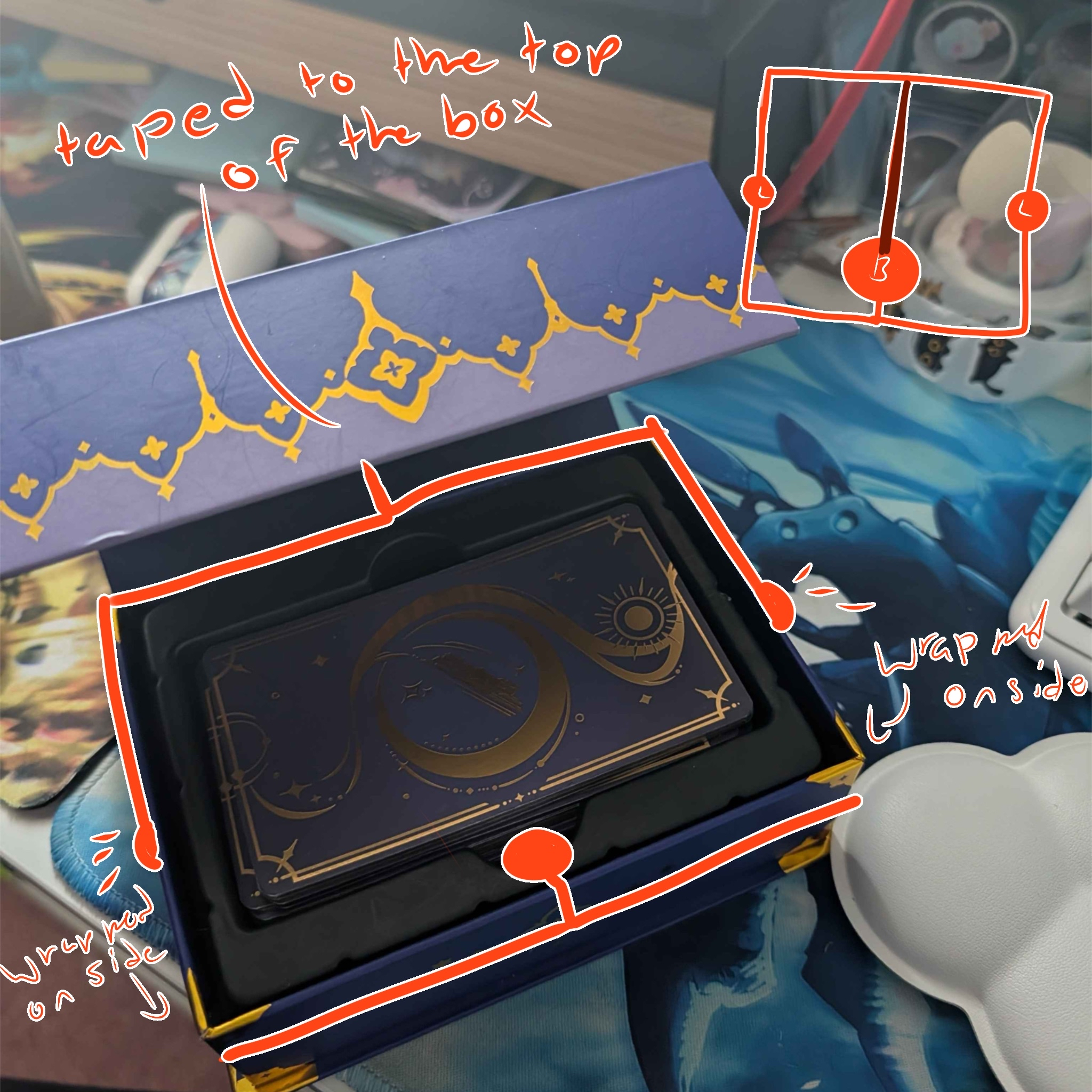 Since the inside is dark, I thought that adding lights would illuminate it, resulting in providing a mysterious and even magical atmosphere for the user. Tarot cards are meant to be magical, used to tell fortunes. I also illustrated the circut layout in the upper right corner.