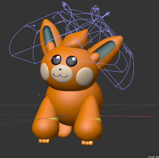 Work in progress picture taken when I was trying to model the face of the creature the model is based off of.
                 I was learning that it was difficult to make the face look as close to the original as possible due to
                 how the eye were placed. They looked goofy, which was a goal, but they didn't match the original model. i played a lot with these assets
                 while working on the model. While I was satisfied with everything else I had modeled for this, there was something about 
                 the face that I found unsettling